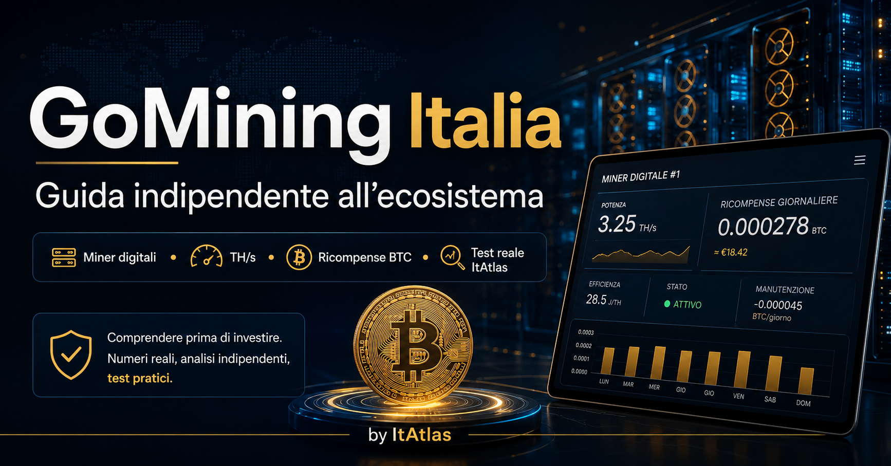 Copertina guida indipendente GoMining Italia con miner digitali, ricompense BTC, TH/s e test reale ItAtlas